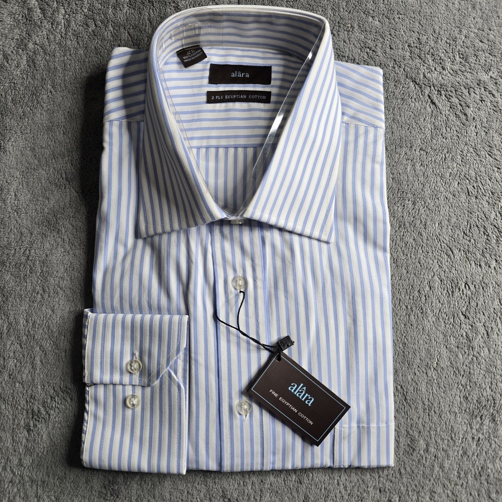 NEW $98.50 Alara Shirt Mens 17.5 34/35 Blue Striped Egyptian Cotton Dress L/S